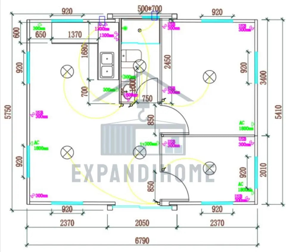 Floor plan diagram with dimensions and labels, featuring the brand 'Expandi Home'.