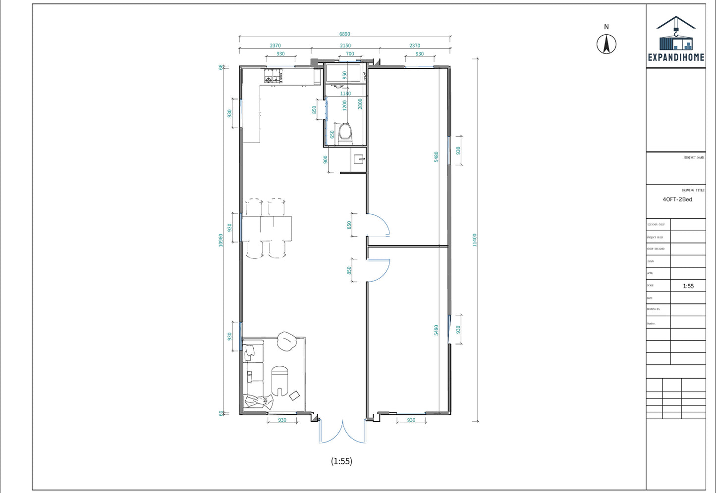 EXP80-2B class 1a building 40ft 2bedrooms 1bathroom 1kitchen