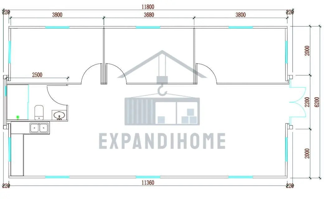 Floor plan of a house with dimensions labeled, featuring the brand 'Expandihome'.