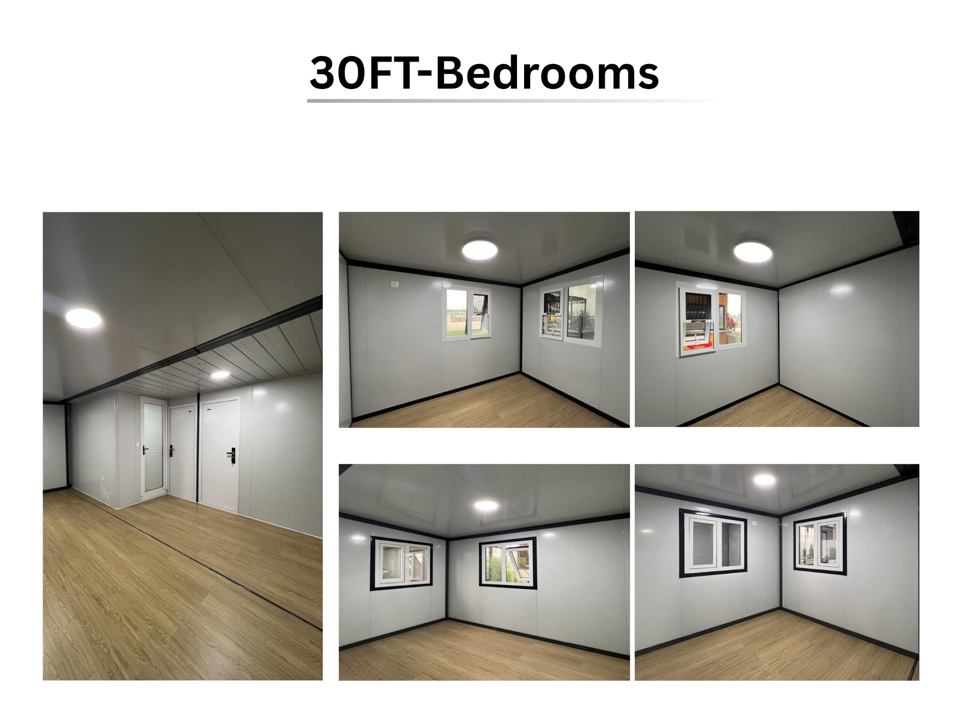 Collage of a 30FT bedroom interior with windows and wooden flooring.
