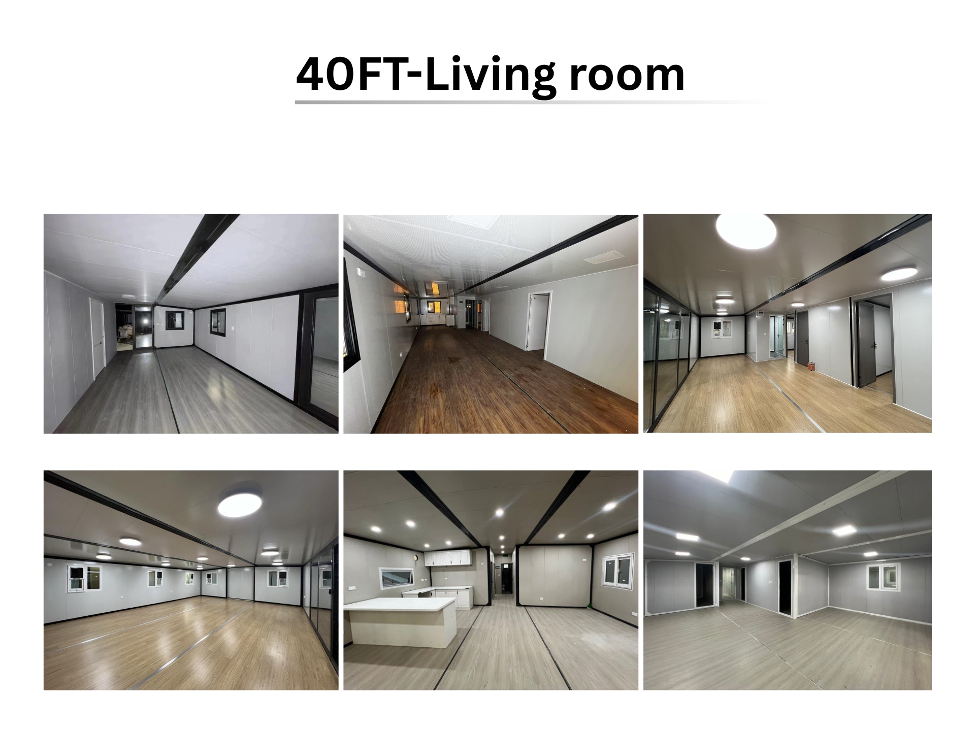 Collage of a 40FT living room with different flooring and decor options.