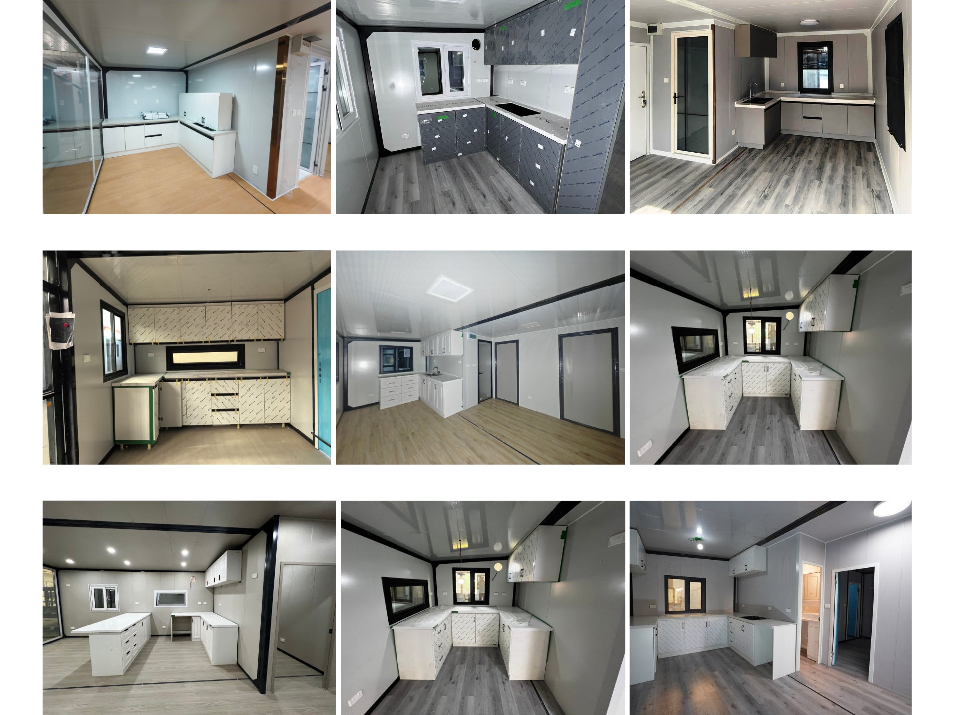 Collage of various interior design views of a modern kitchen and living area.