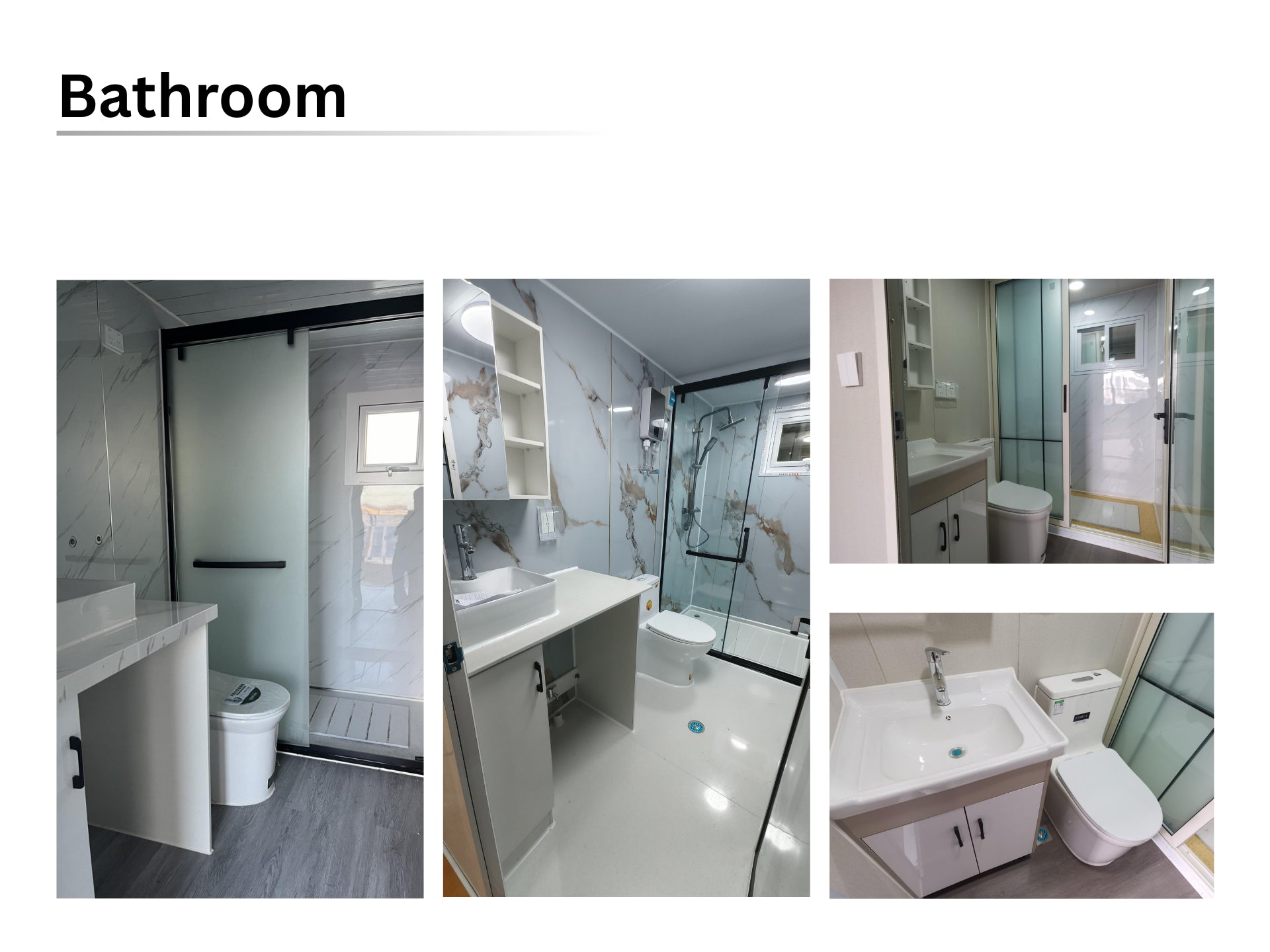 Collage of a modern bathroom with various fixtures including a toilet, sink, and shower.