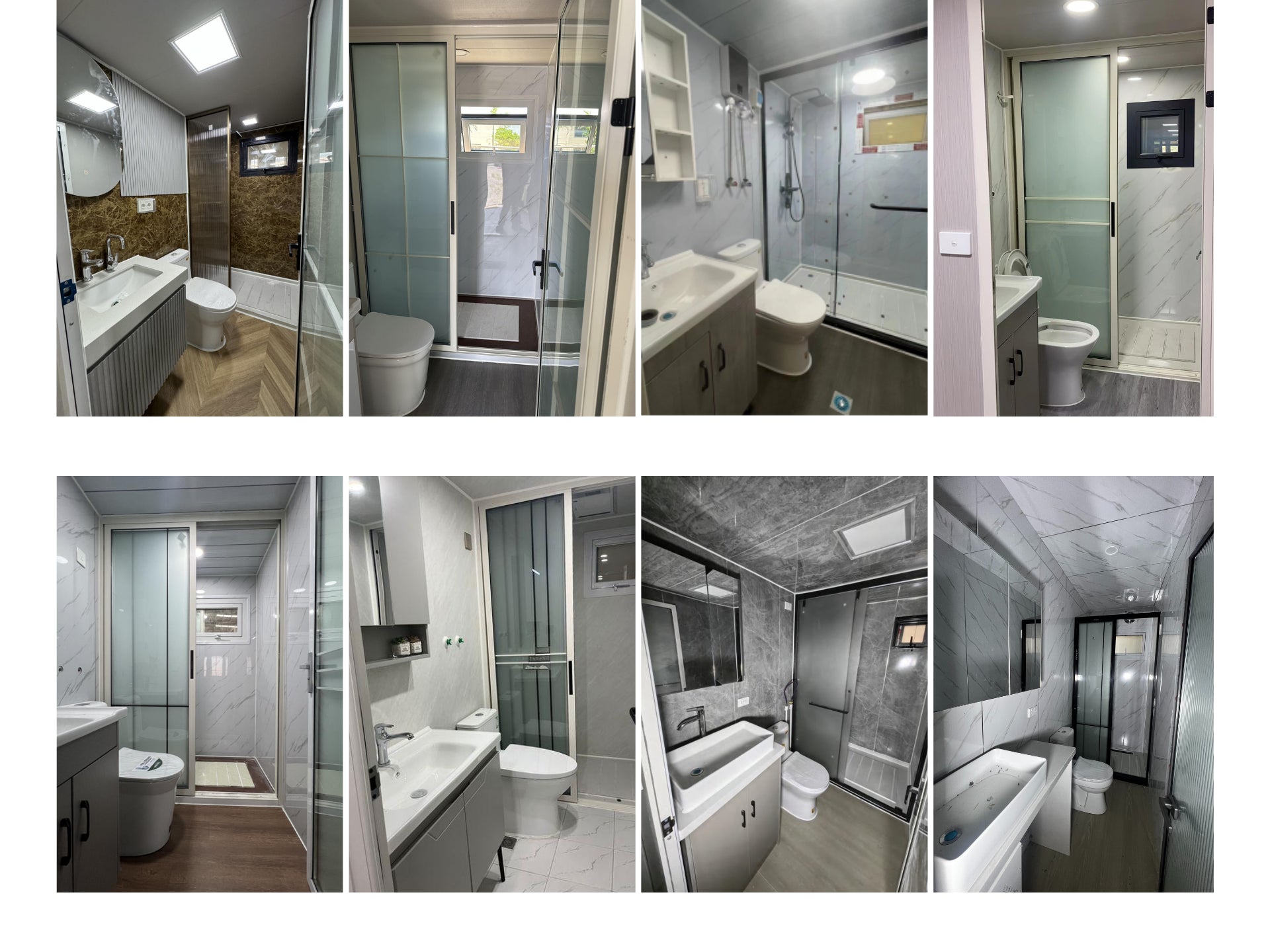 Collage of various bathroom interior designs with different fixtures and layouts.