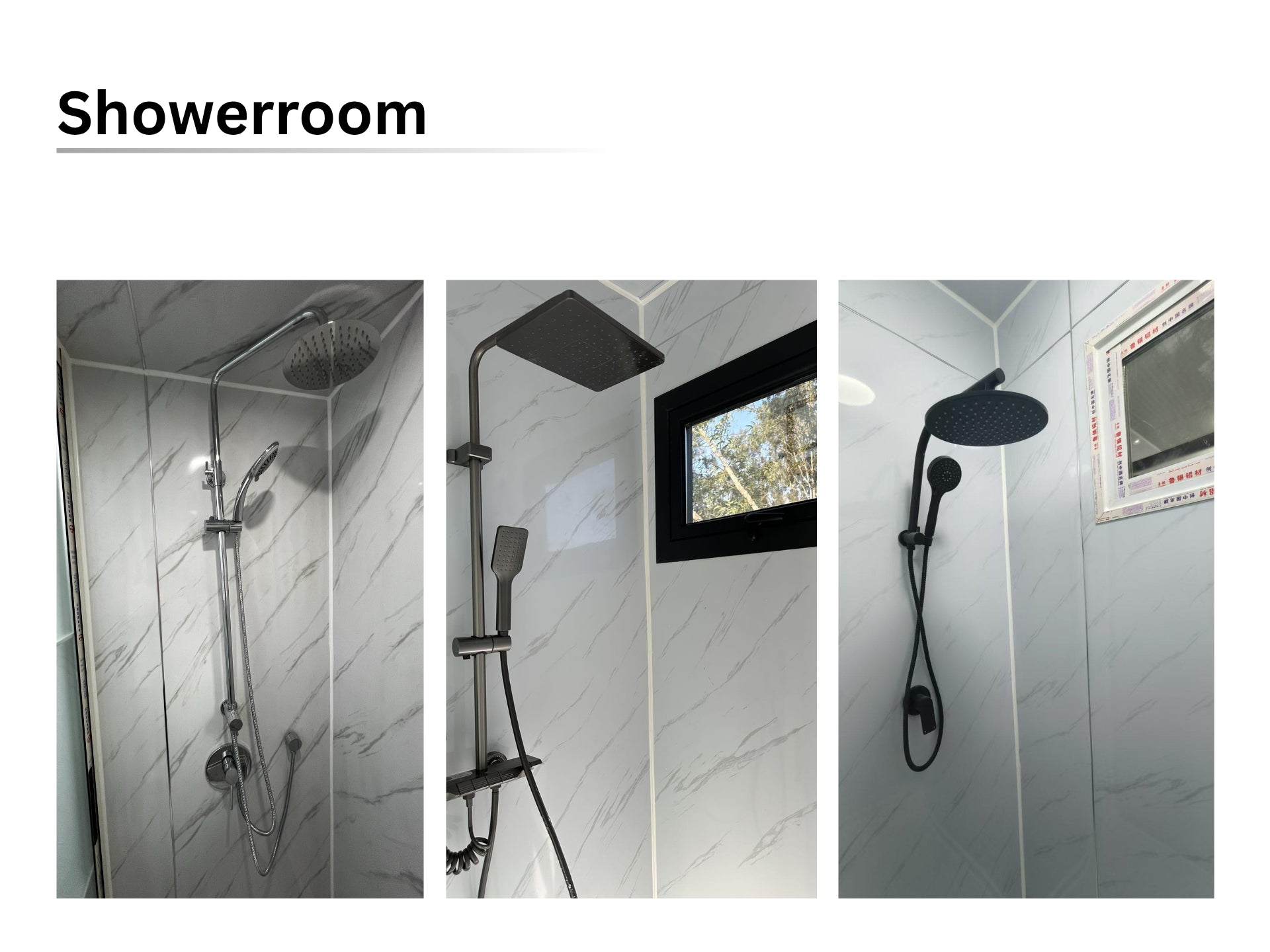 Shower fixtures and showerroom setup with tiled walls.
