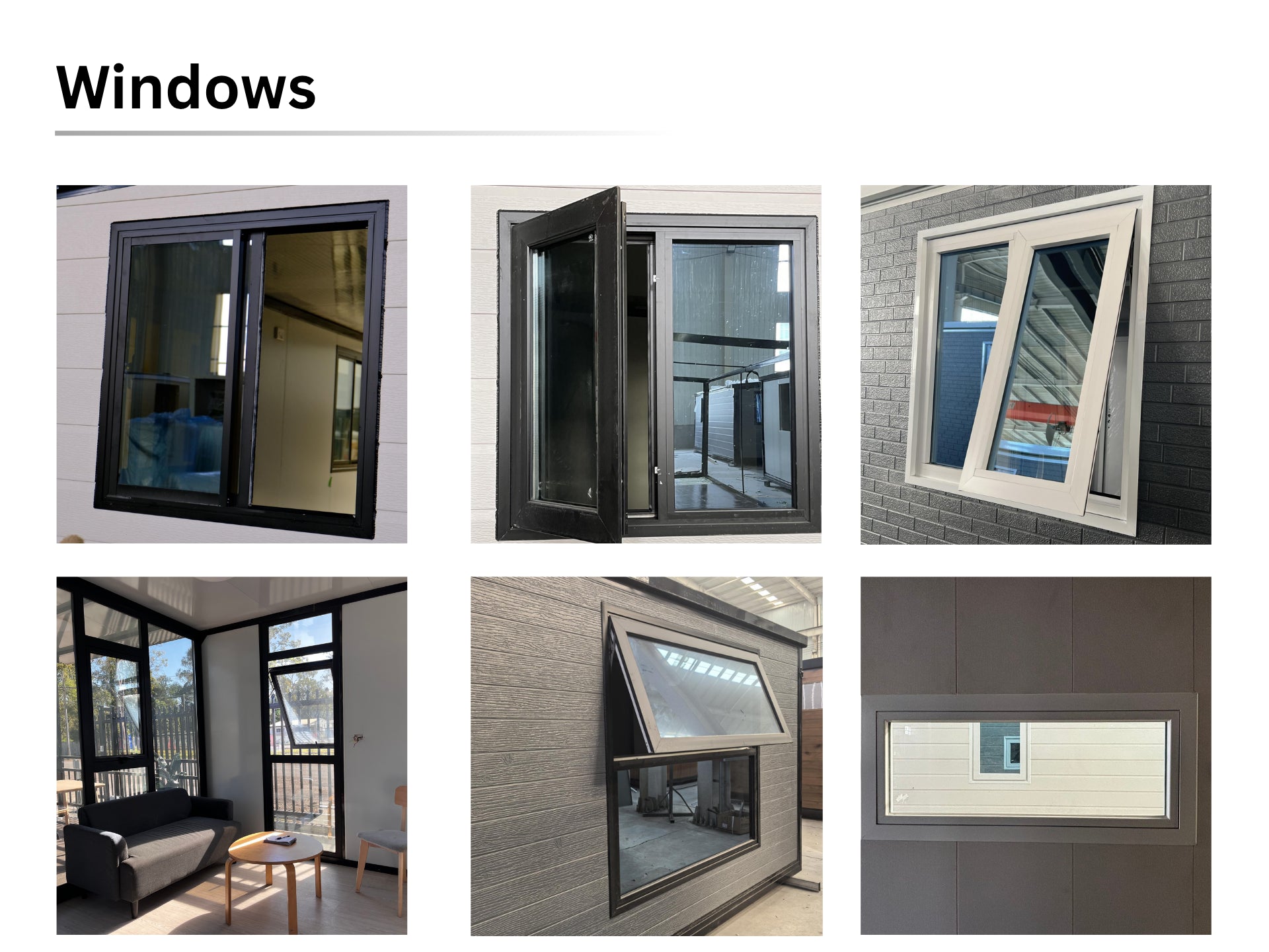 Collage of various window designs and installations.