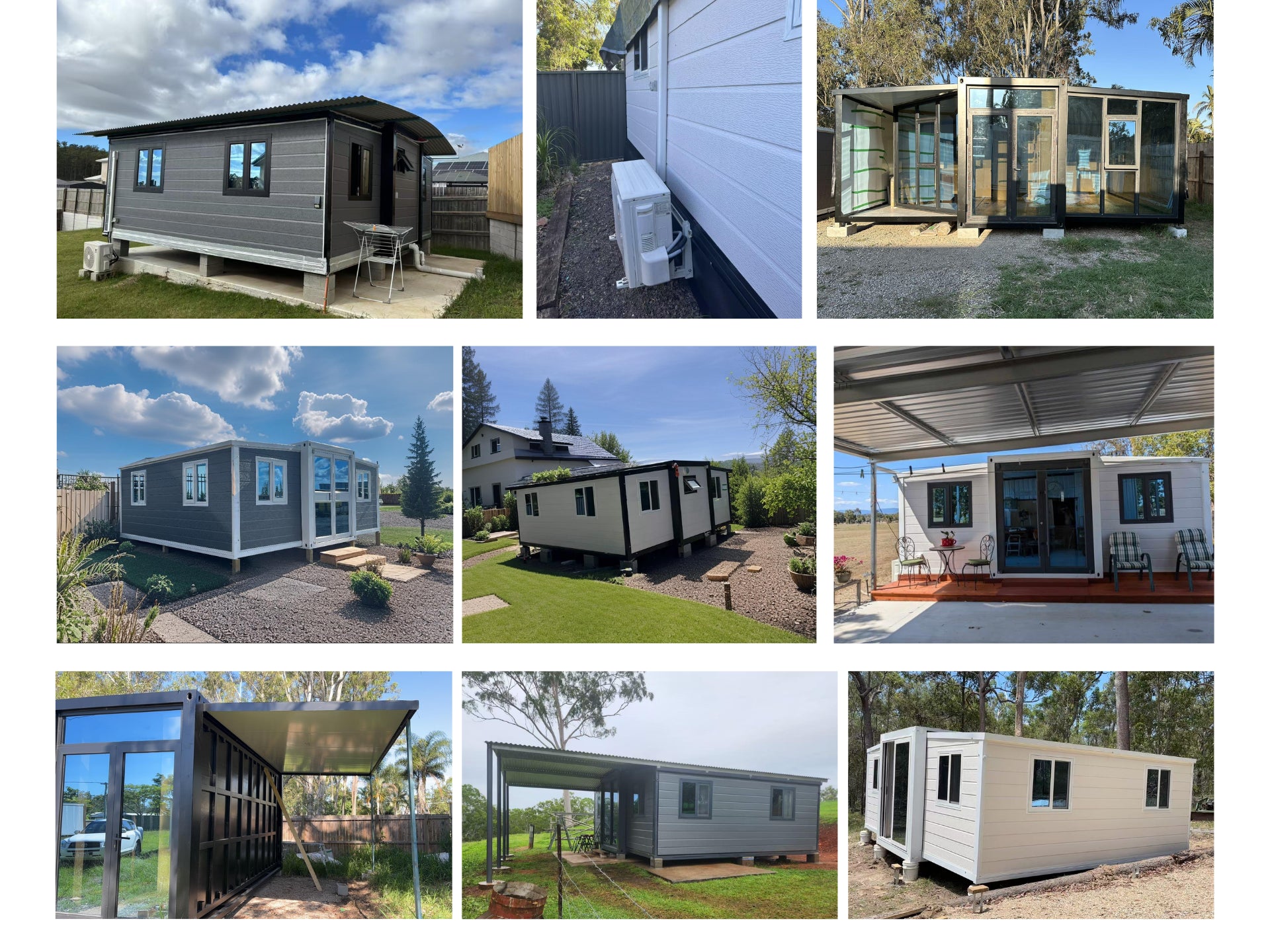 Collage of various modular homes in different outdoor settings
