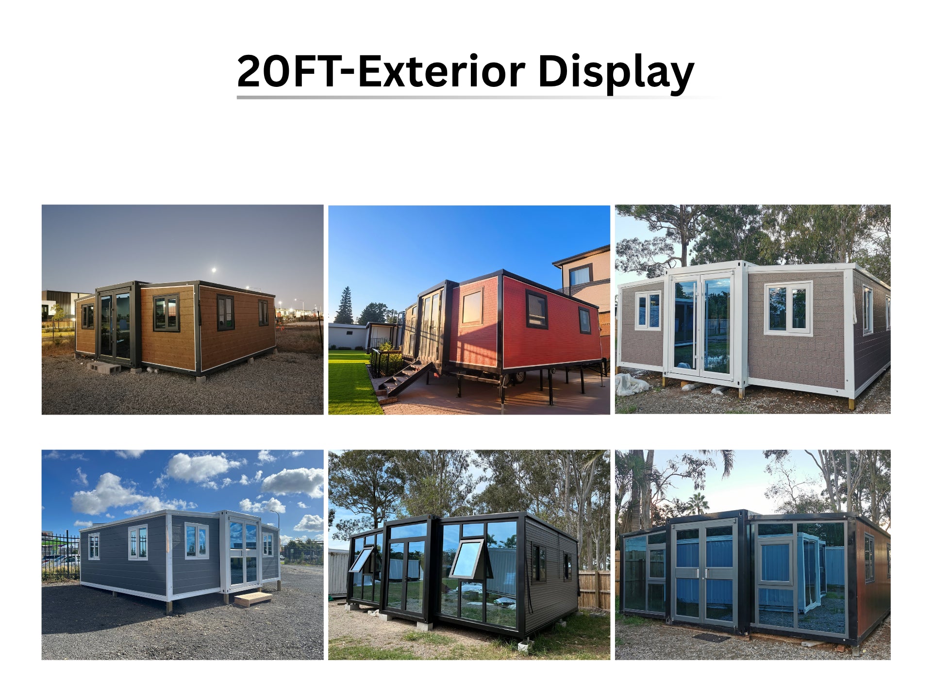 Collage of various small modular buildings with '20FT-Exterior Display' text.