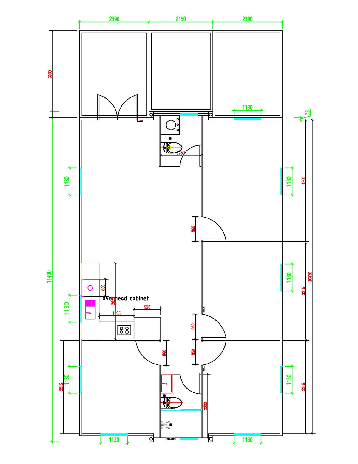 A black-and-white architectural floor plan diagram showing room layout, dimensions, doors, windows, and small colored callouts including a highlighted kitchen cabinet area.