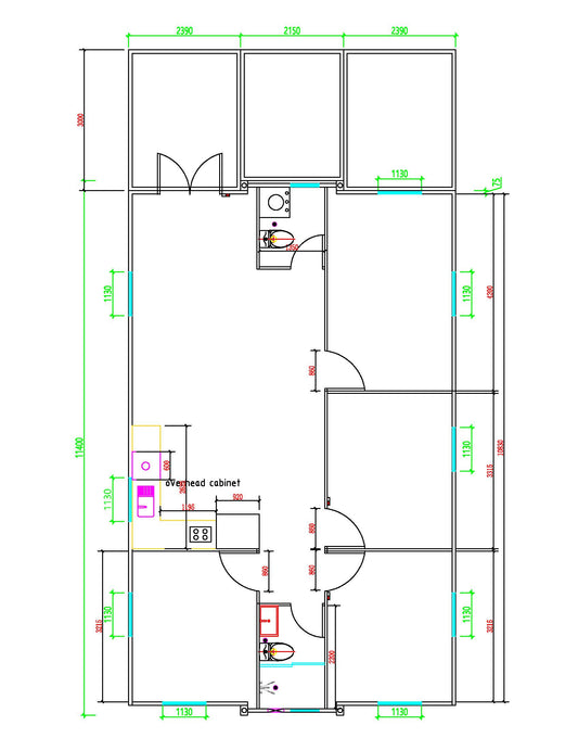 A black-and-white architectural floor plan diagram showing room layout, dimensions, doors, windows, and small colored callouts including a highlighted kitchen cabinet area.