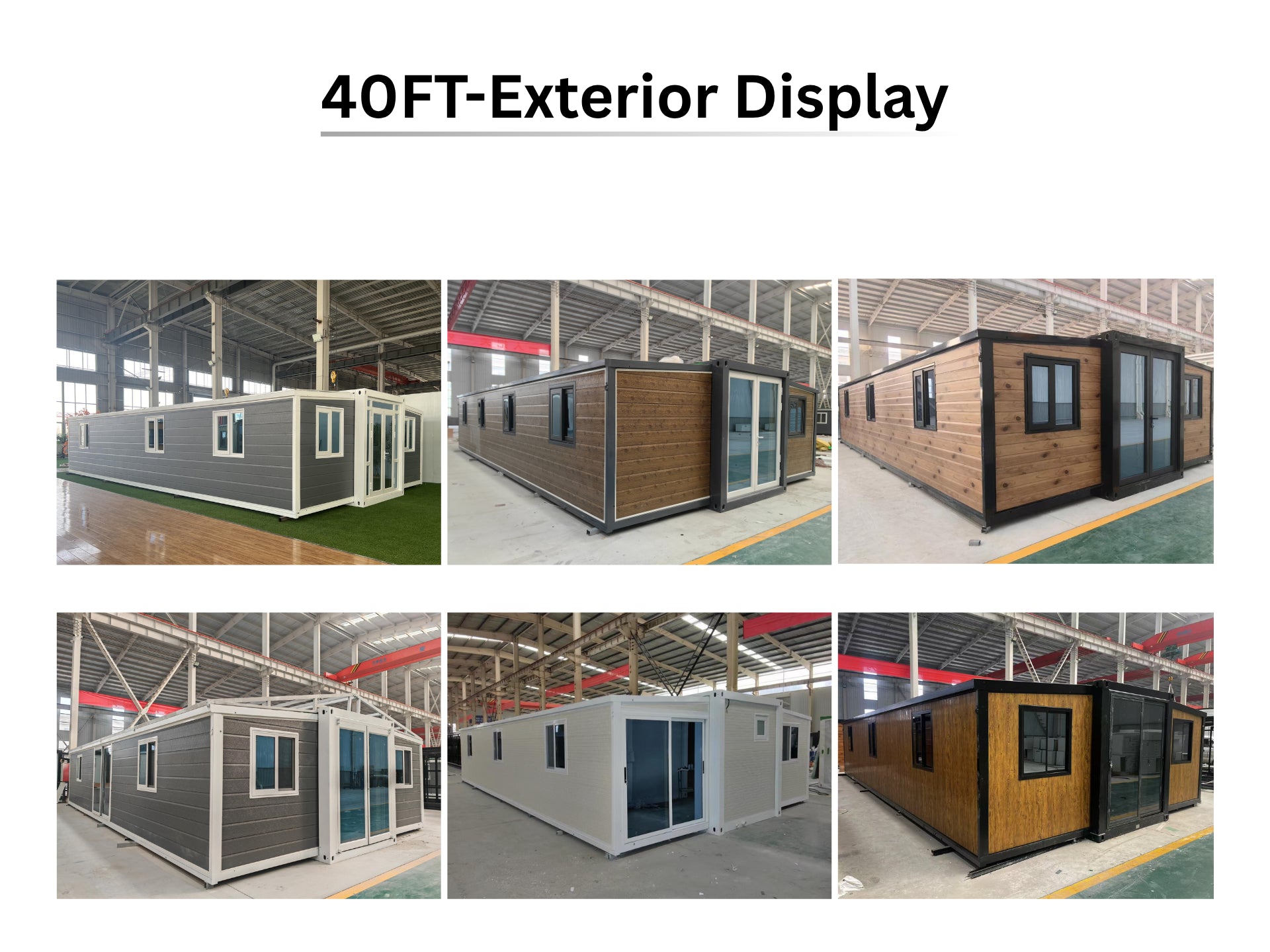Collage of 40FT exterior display containers in various configurations inside a warehouse expandihome