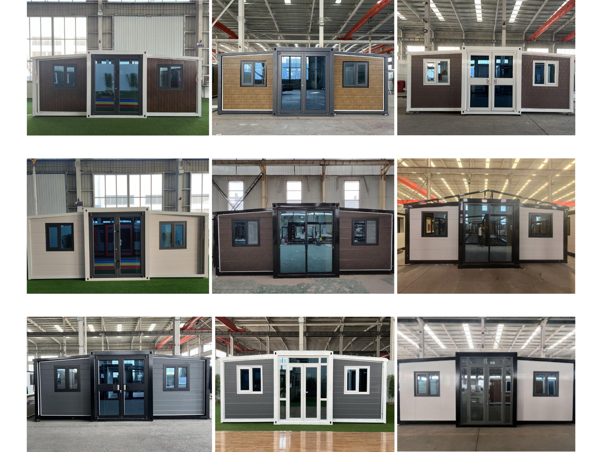 Collage of modular buildings in various colors and designs inside a warehouse.