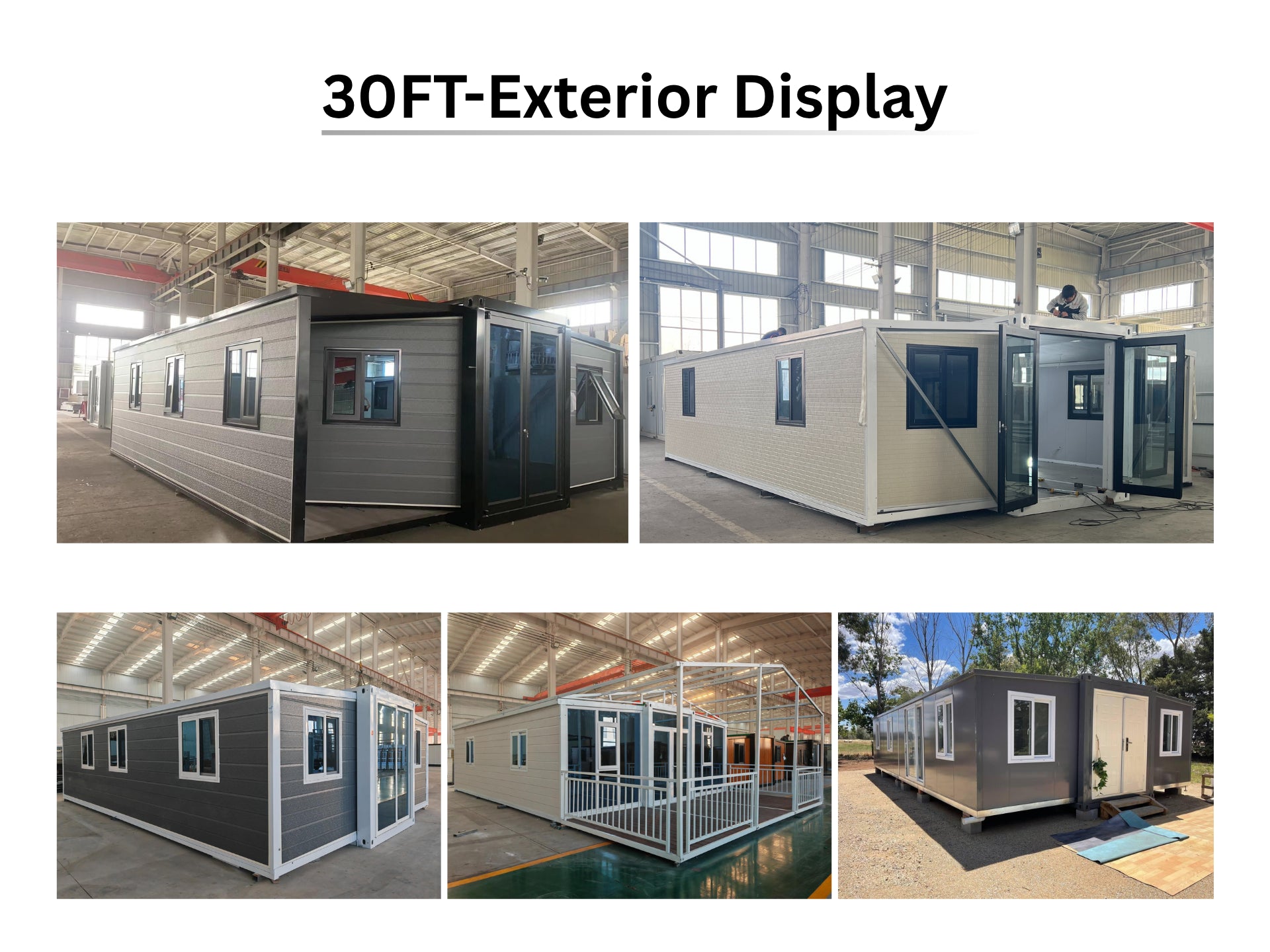 Collage of modular buildings in various settings with '30FT-Exterior Display' text.