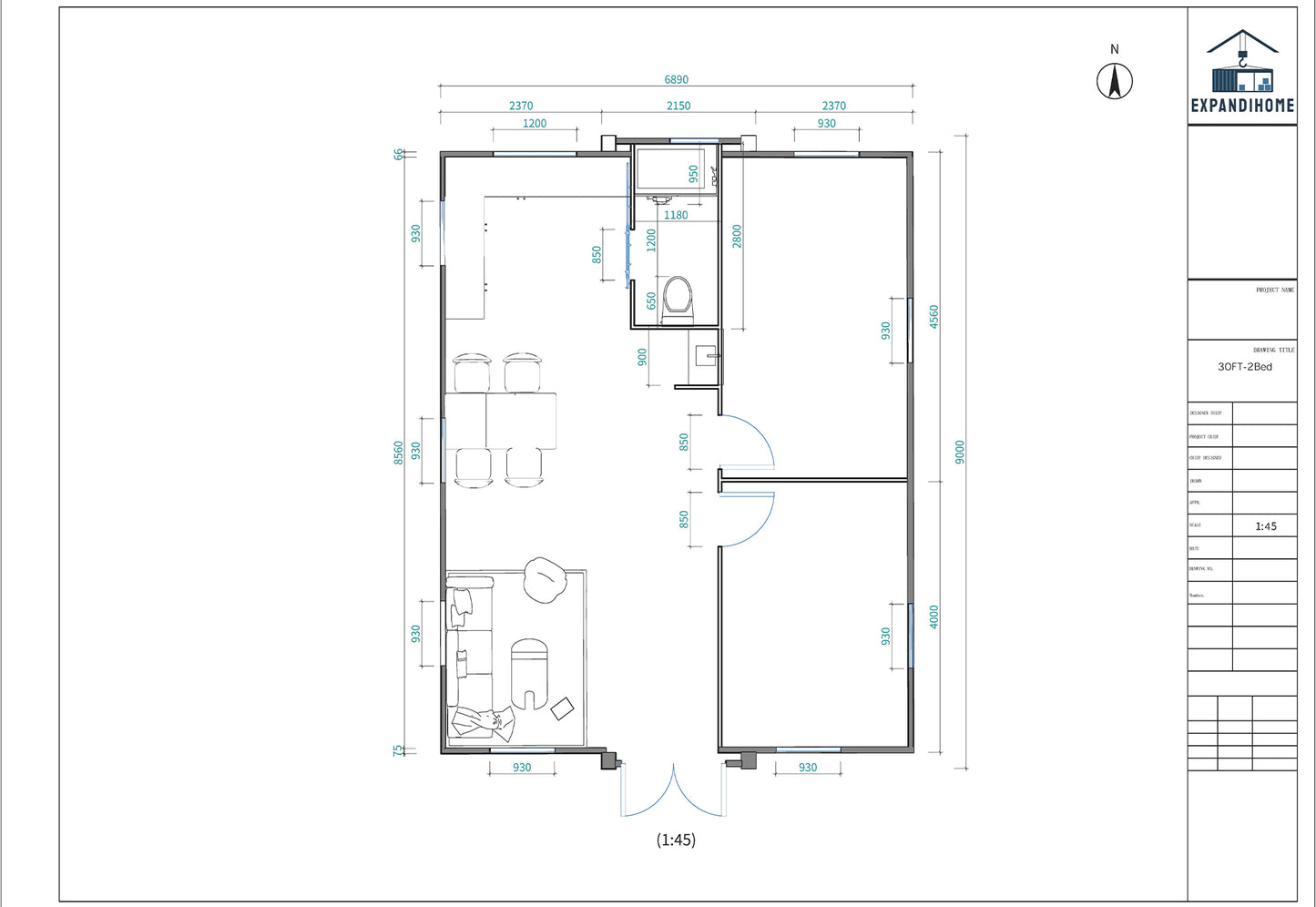 EXP60-2B class 1a building 30ft 2bedrooms 1bathroom 1kitchen