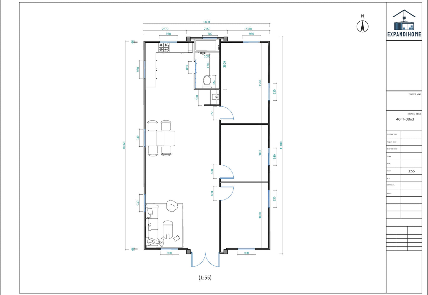 EXP80-3B class 1a building 40ft 3bedrooms 1bathroom 1kitchen