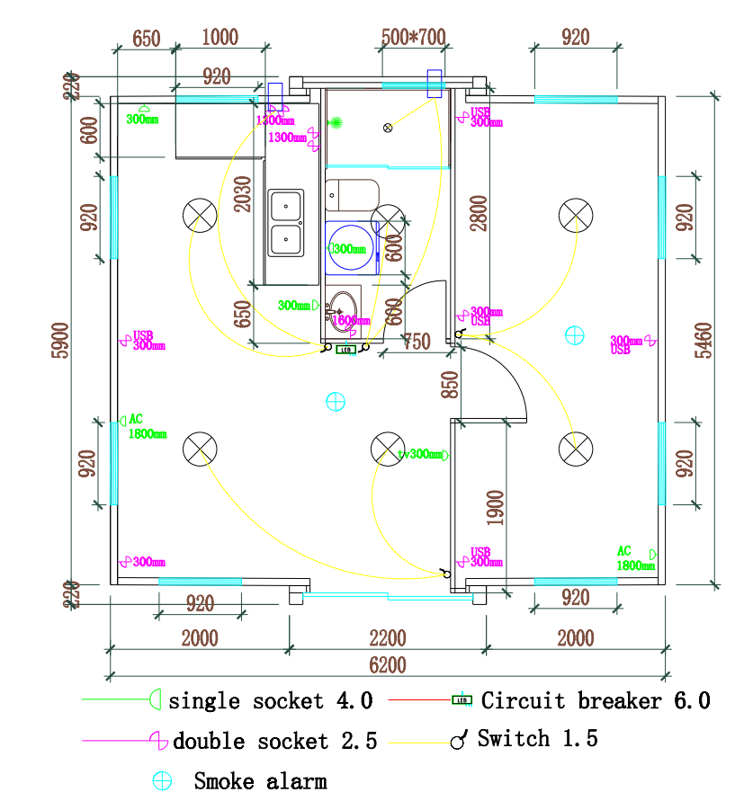 Electrical layout diagram with measurements and symbols for sockets, circuit breakers, and smoke alarms.