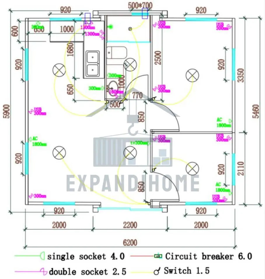 Floor plan with electrical layout and measurements, featuring 'Expand Home' branding.