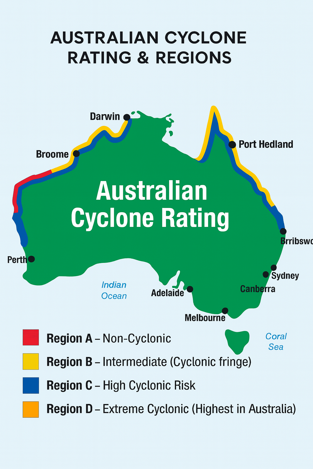 Map of Australia with cyclone risk regions labeled.