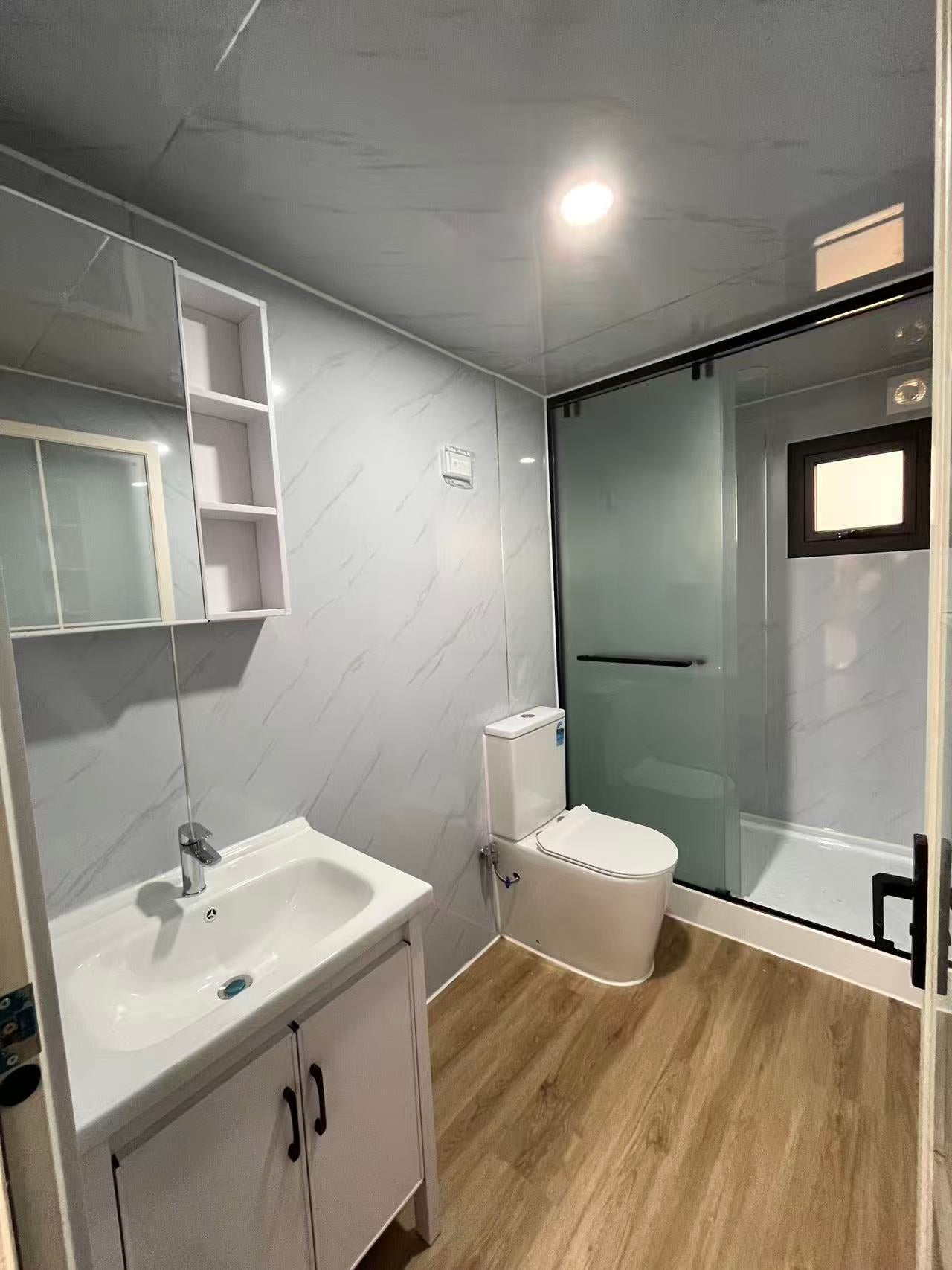 Modern bathroom with sink, toilet, and shower enclosure.