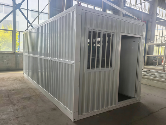 Metal container with a door in an industrial setting
