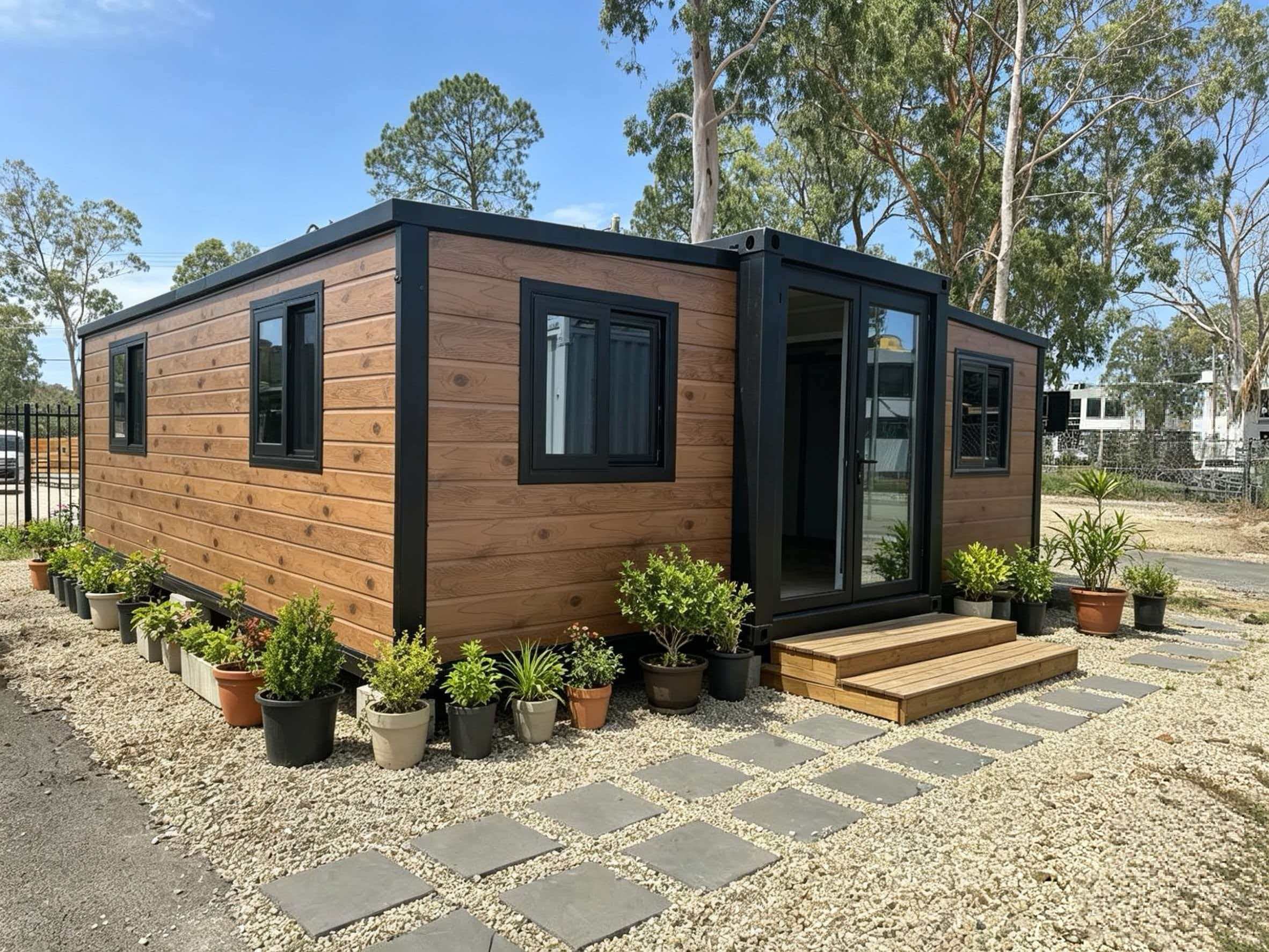 Modern tiny house with wooden exterior and black accents, surrounded by potted plants.