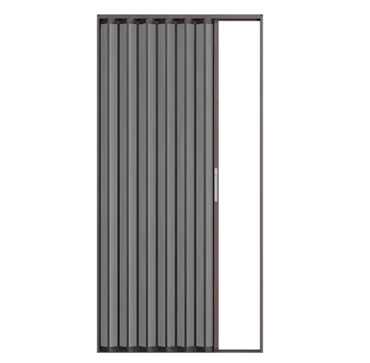 A gray mesh screen door with a horizontal panel design, likely made of metal or a similar material.