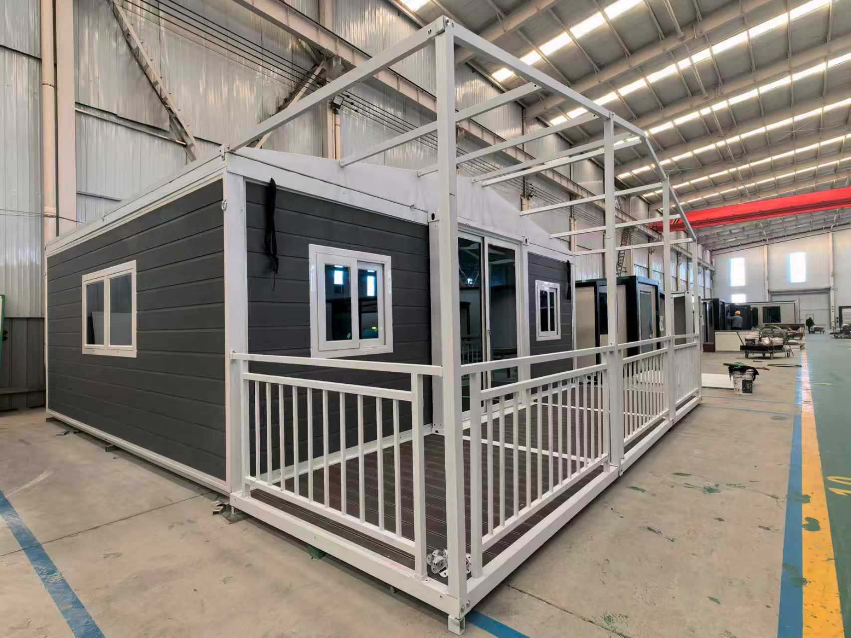 FE40 expandable homes with grey cladding and structures for testing