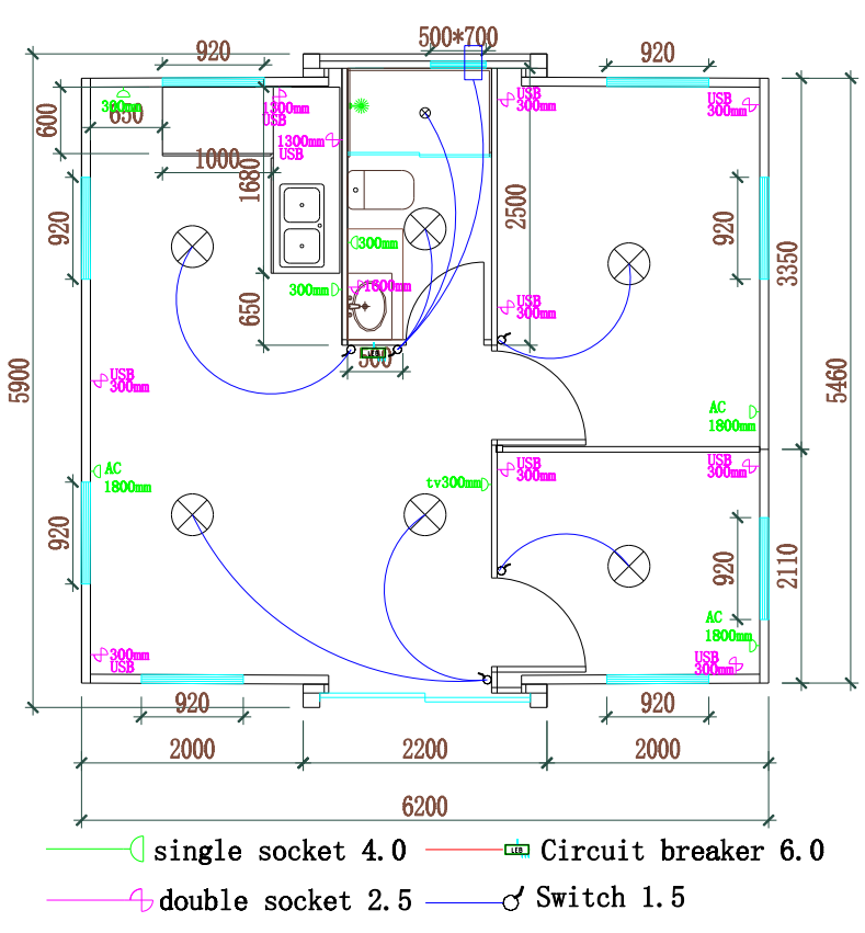 Technical drawing of a room layout with dimensions and electrical outlets labeled
