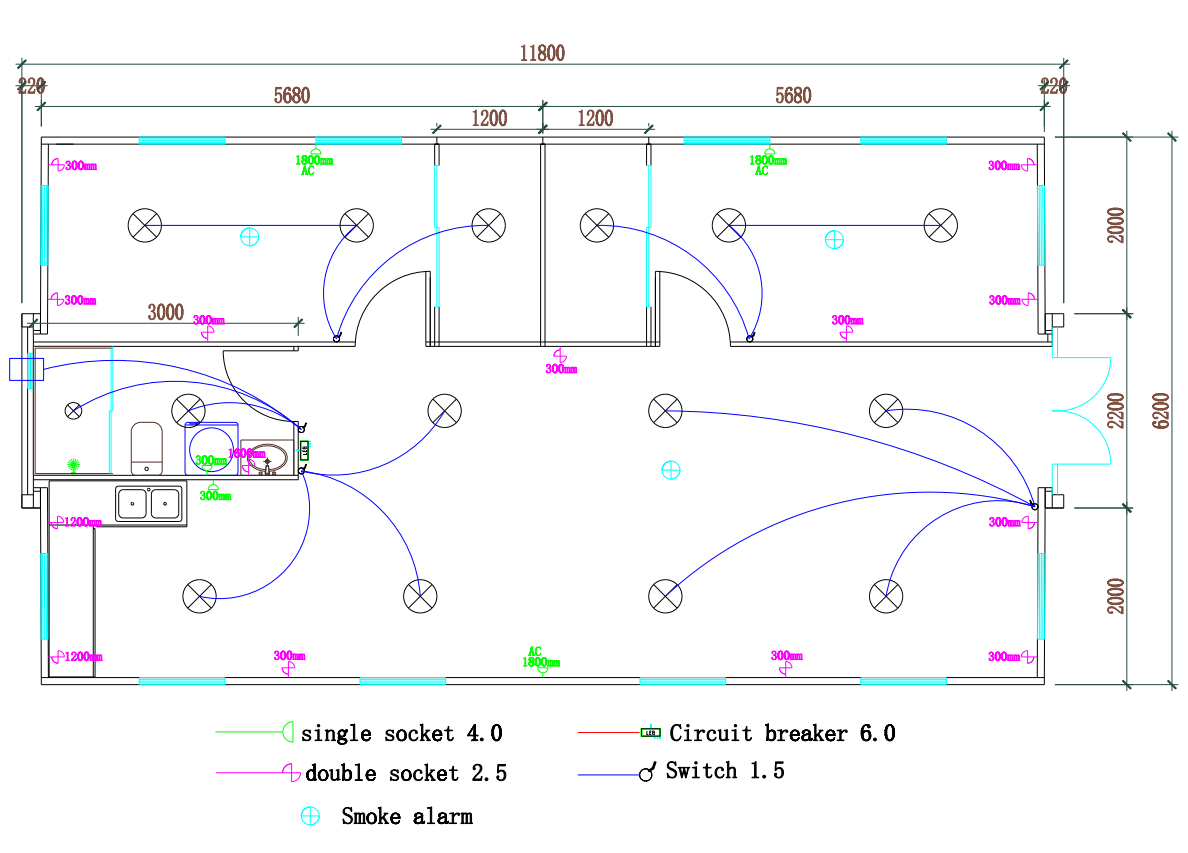 Electrical layout diagram of a room with sockets, circuit breakers, and smoke alarms.
