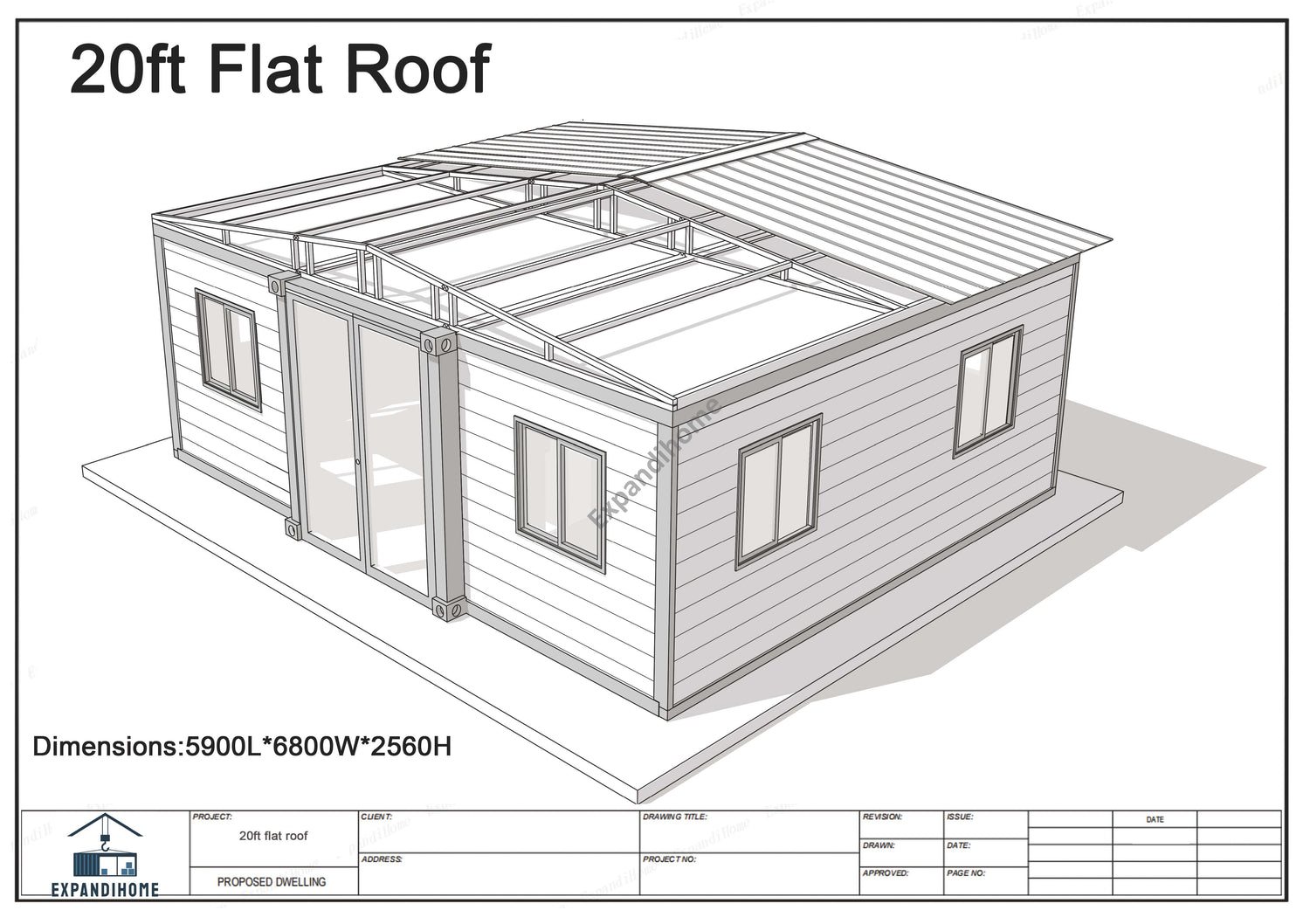 Technical drawing of a 20ft flat roof FE40 structure with dimensions.