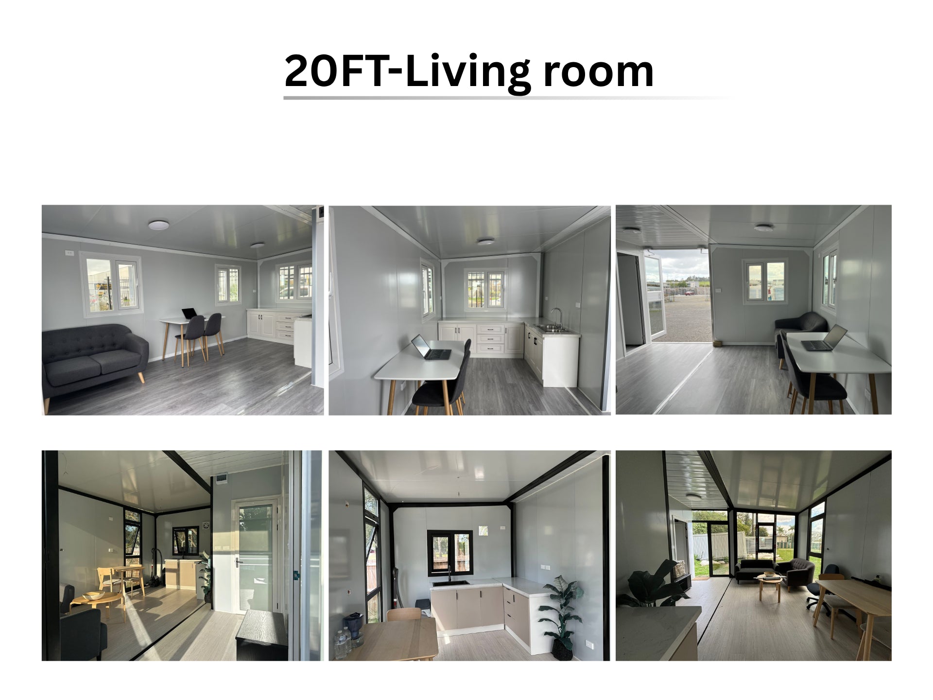 Collage of a 20FT living room setup with various rooms and furniture in an expandable home