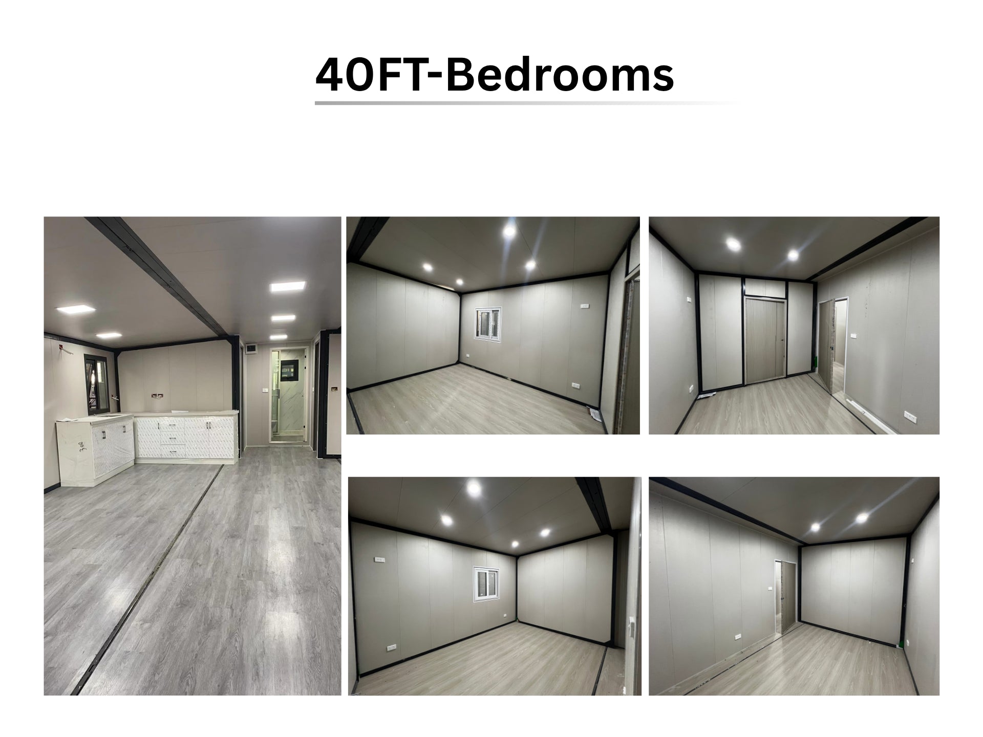 Collage of a 40FT bedroom setup with various angles and features expandihome