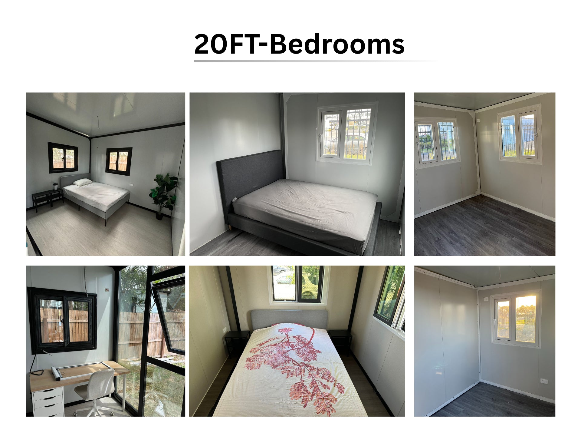 Collage of a 20FT bedroom setup with various furniture and decor elements expandihome