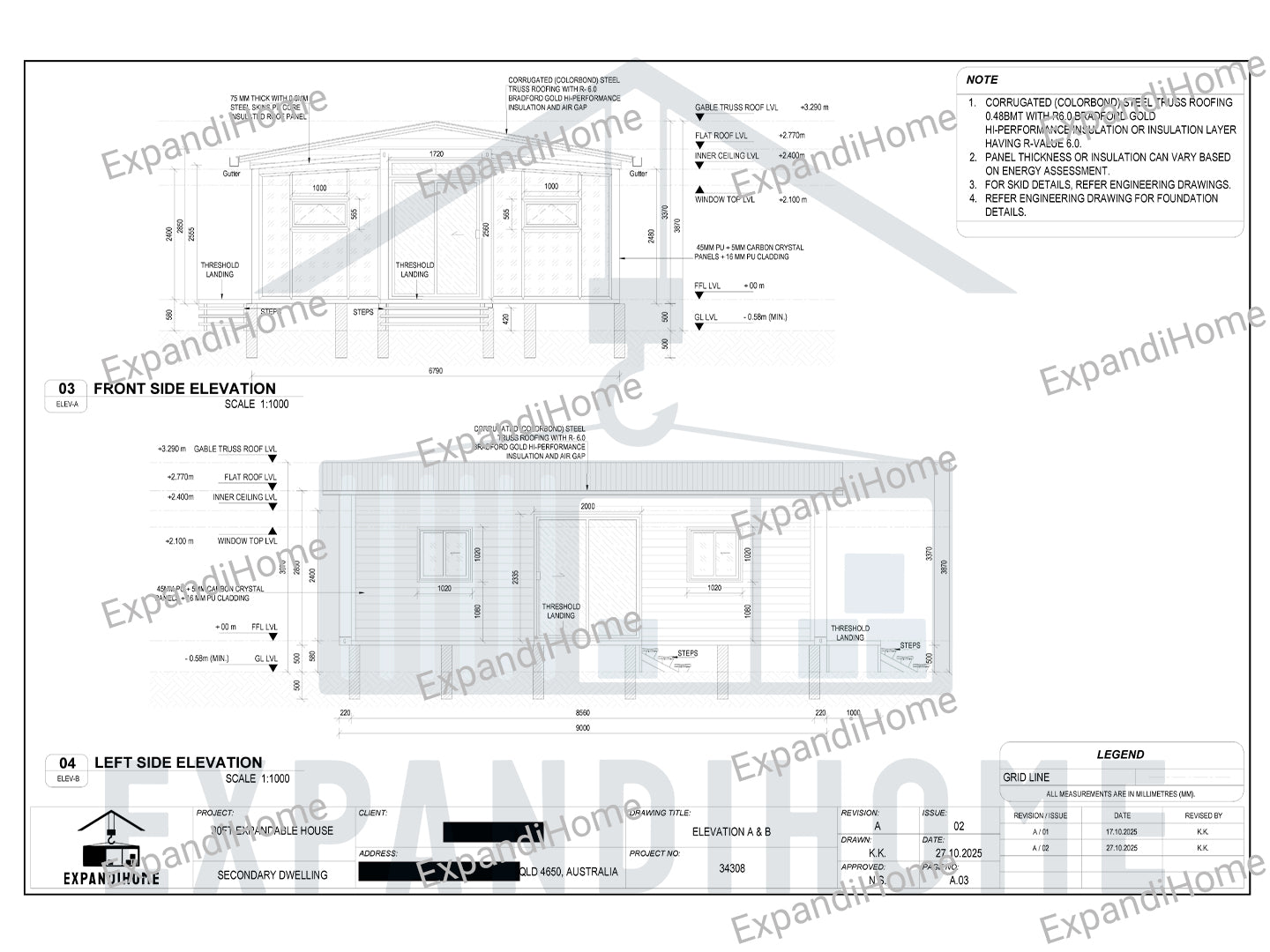 Architectural drawings of a house with labeled elevations and dimensions. ExpandiHome