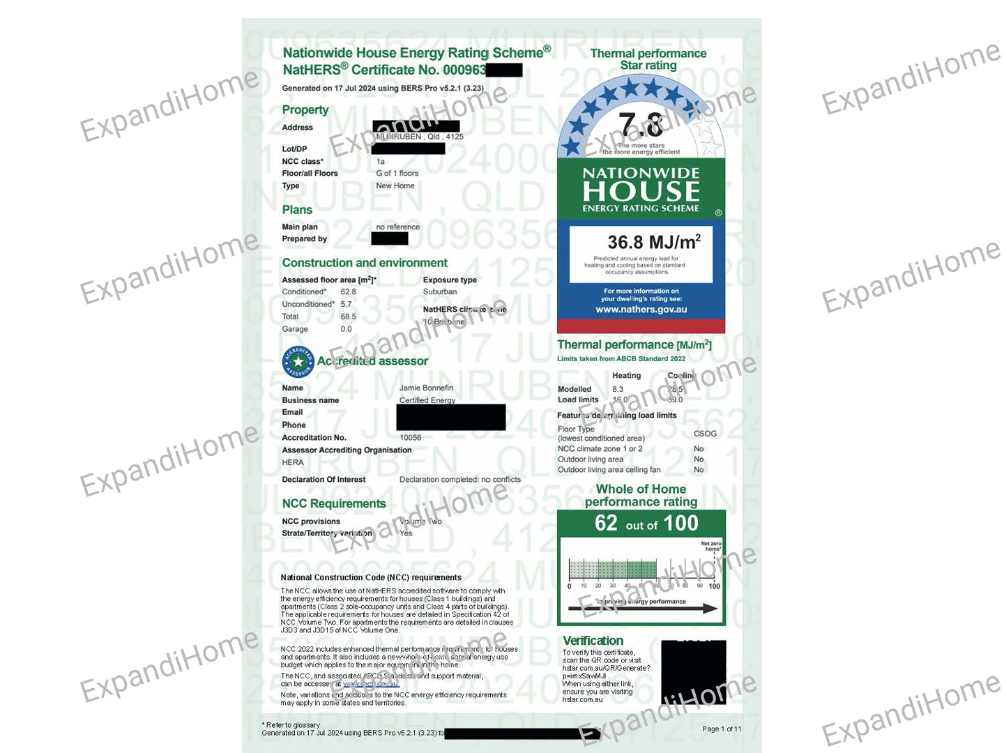 Nationwide House Energy Rating Scheme certificate with thermal performance rating and other details. ExpandiHome