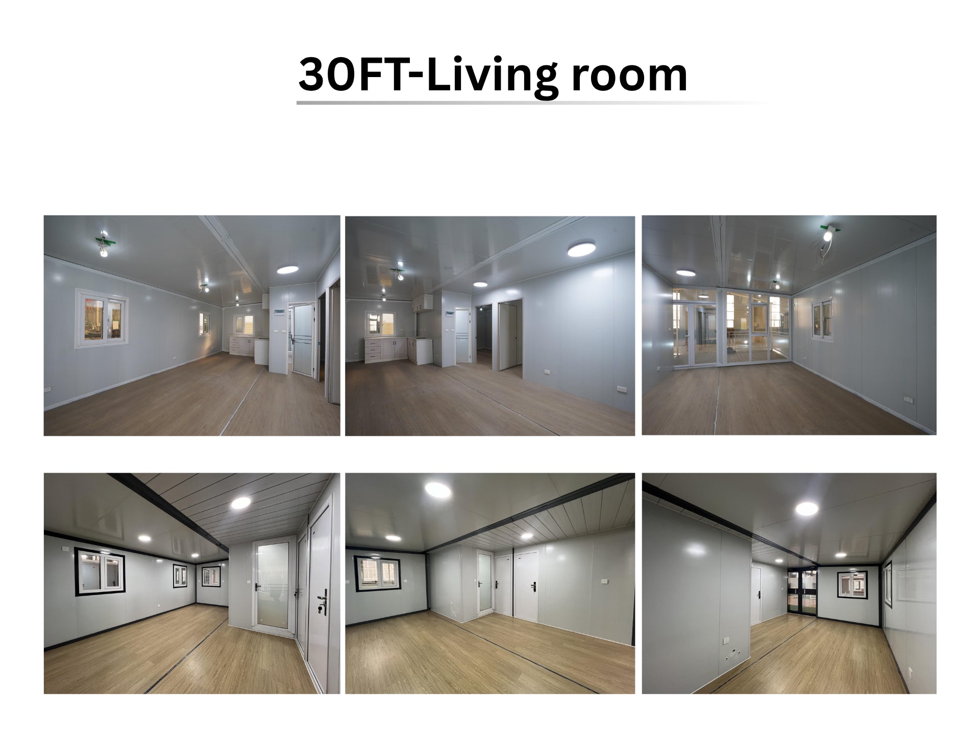 Collage of a 30FT living room with different angles and lighting expandihome