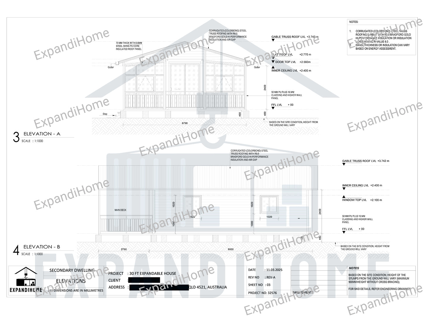 Houses plan with labeled elevations on a white background ExpandiHome