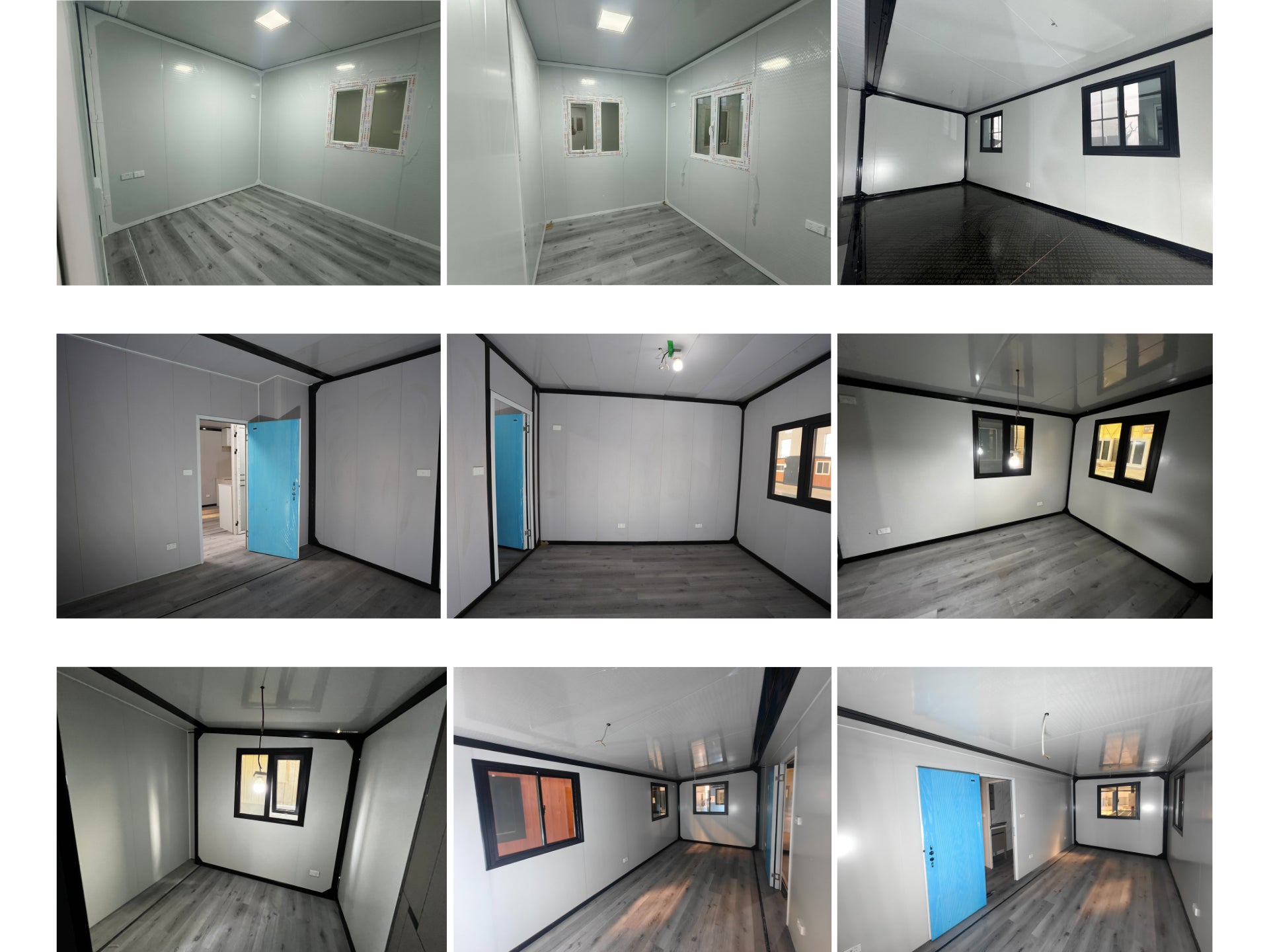 Grid of images showing a room with different window and door configurations expandihome